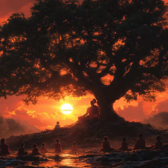 Buddha meditating under a large tree as children gather on the ground during a glowing sunset.