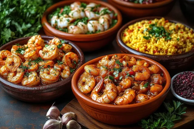 Cooked shrimp in bowls with yellow rice and herb garnish on a rustic table with garlic and parsley.