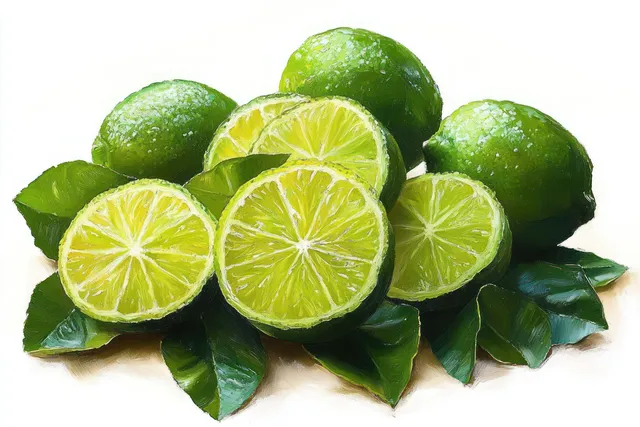 Whole and sliced green limes on leaves with a light sprinkle of salt for a vivid close-up still life.