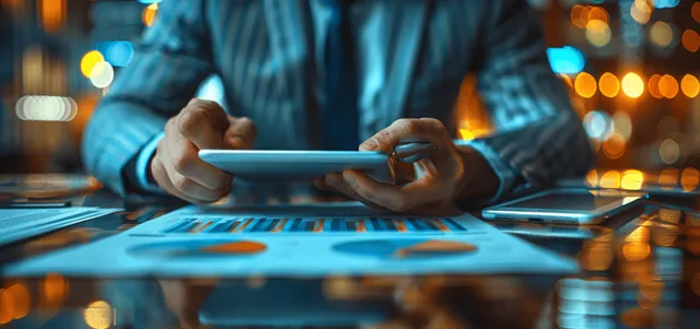Two businesspeople reviewing project plans with tablet and laptop during a planning meeting