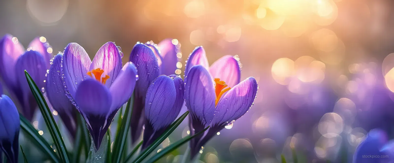 Purple crocus flowers with orange stigmas and fresh dew drops shimmer in warm morning sunlight against soft bokeh.