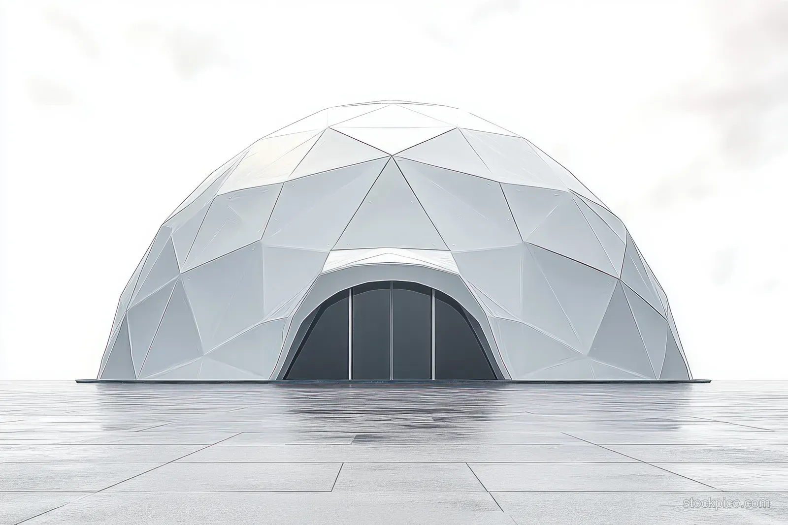White geodesic dome with triangular panels and a dark arched entrance on a tiled plaza under bright overcast light.