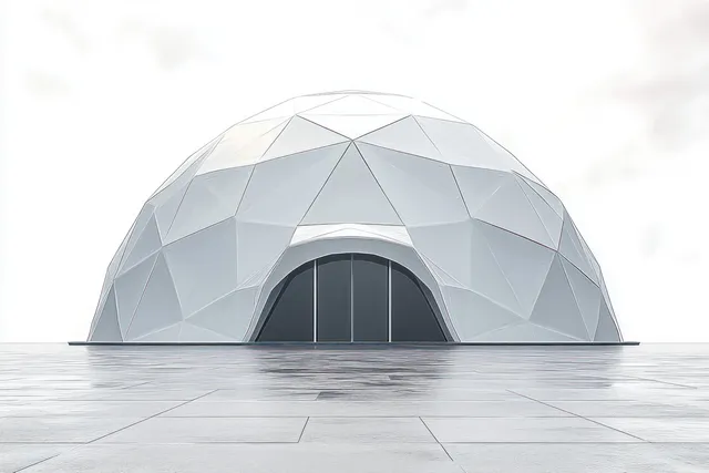White geodesic dome with triangular panels and a dark arched entrance on a tiled plaza under bright overcast light.
