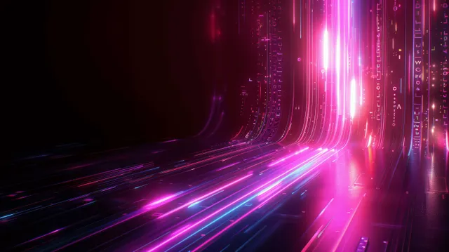Neon 3D light trails in a dark tunnel, glowing pink purple beams
