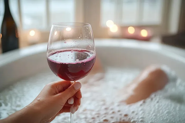 Hands holding a wine glass while relaxing in a bubble bath with candle glow