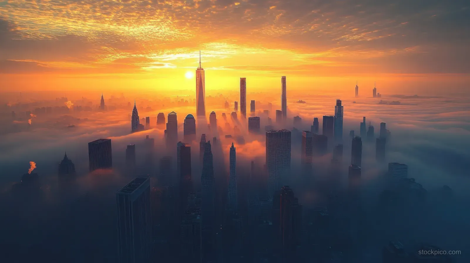 Skyscrapers silhouette against a sunrise orange sky while dense fog blankets the city skyline.