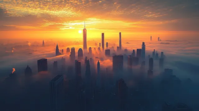 Skyscrapers silhouette against a sunrise orange sky while dense fog blankets the city skyline.
