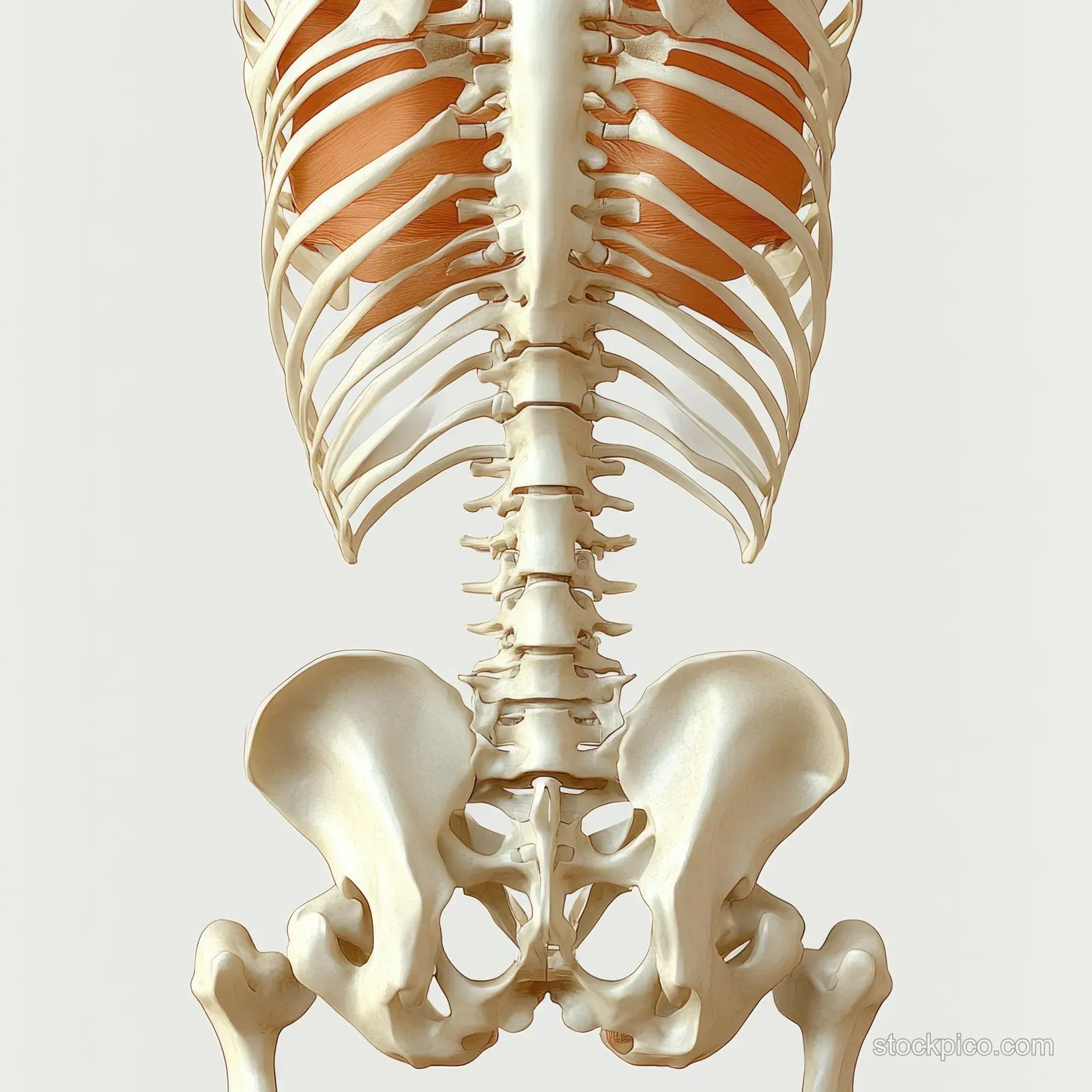 Back view of an anatomical human skeleton illustration with visible vertebrae and pelvic bones against a light background.