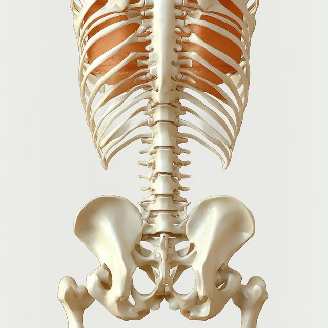 Back view of an anatomical human skeleton illustration with visible vertebrae and pelvic bones against a light background.
