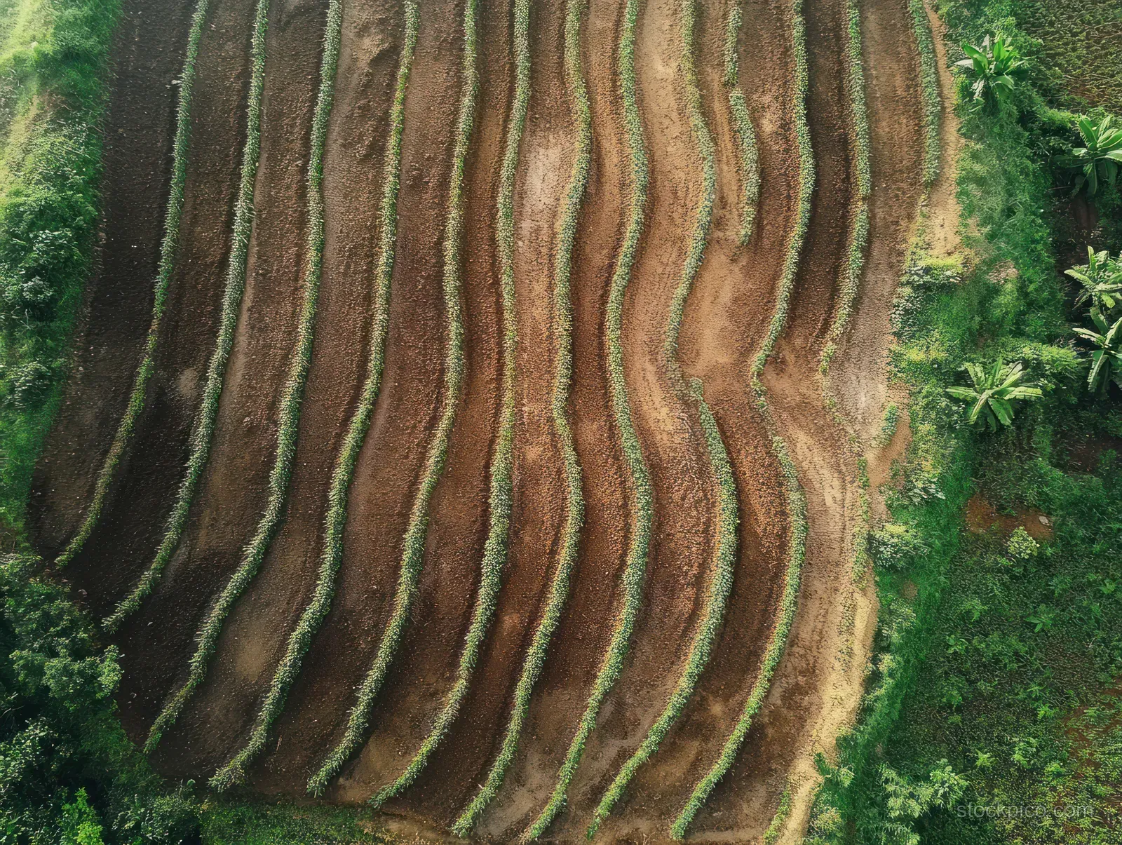 Aerial view of terraced rice fields in Yogyakarta, Indonesia, highlighting agricultural patterns and lush greenery under soft daylight.