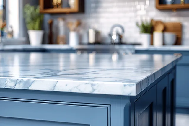 Blue and white modern kitchen counter with marble slab and blurred sink background