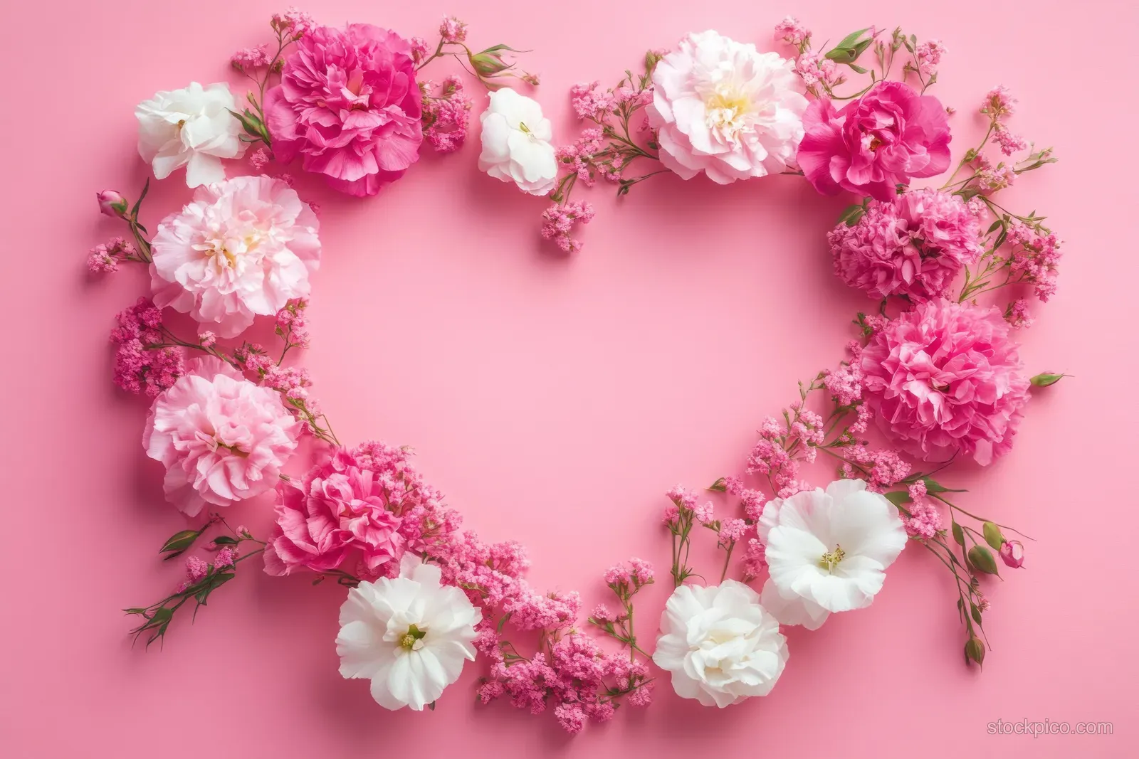 Top view of a pink and white flower heart wreath on a pastel pink background.