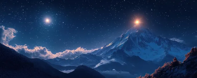 A glowing star shines over snow-dusted mountain peaks beneath a deep blue winter night sky.
