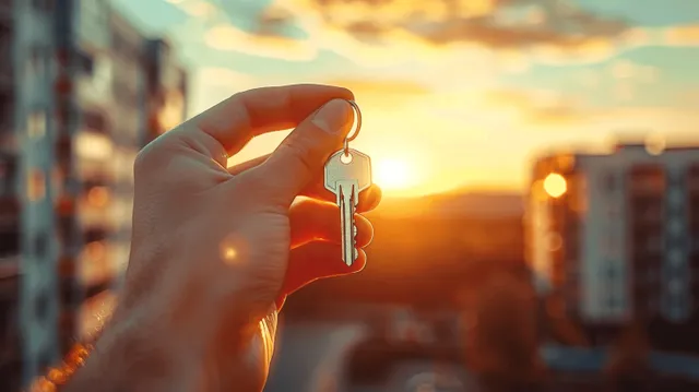 A hand holds and passes house keys with a sunset-lit city skyline blurred in the background.