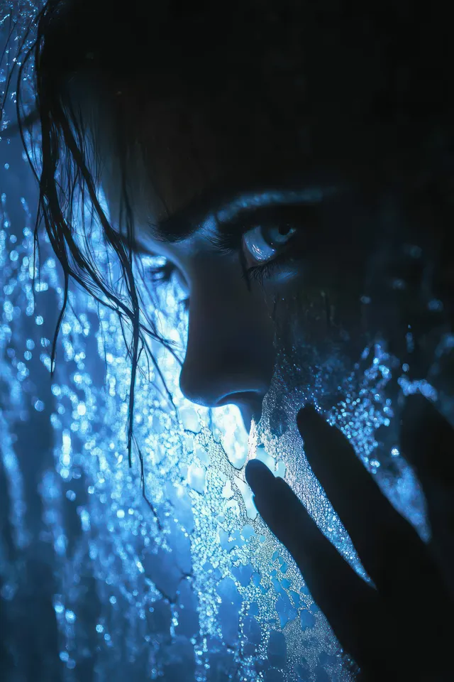 A shadowy woman silhouette looms behind frosted glass, illuminated by eerie blue light, creating a chilling atmosphere.