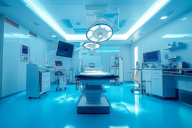 Sterile operating room with bright surgical lights, monitors, and surgical table under blue glow