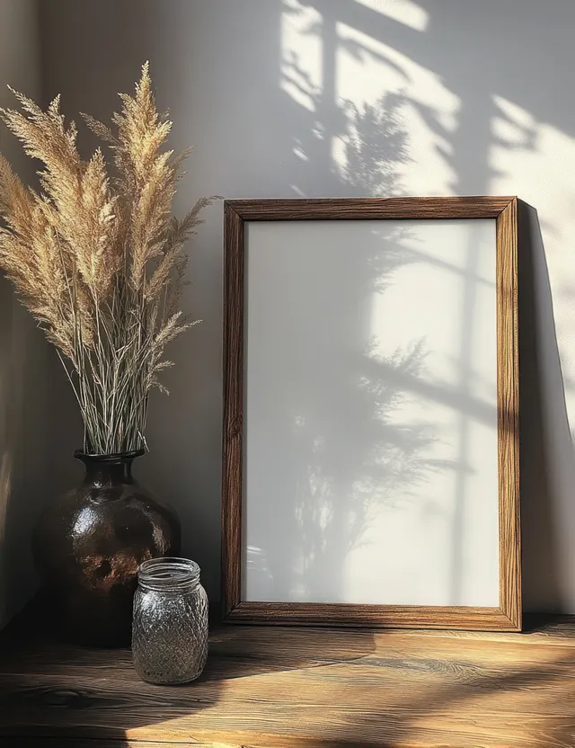 Empty wooden picture frame on a floor beside a vase and dried grass, with leaf shadows cast on a soft white wall.