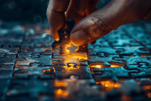 Two hands fit the last glowing blue jigsaw piece into a completed puzzle on a dark background.