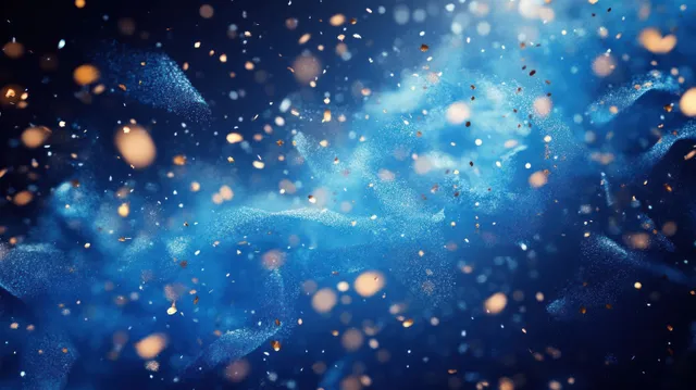 Blue cosmic mist swirls while glowing golden particles drift across a soft nebula background.