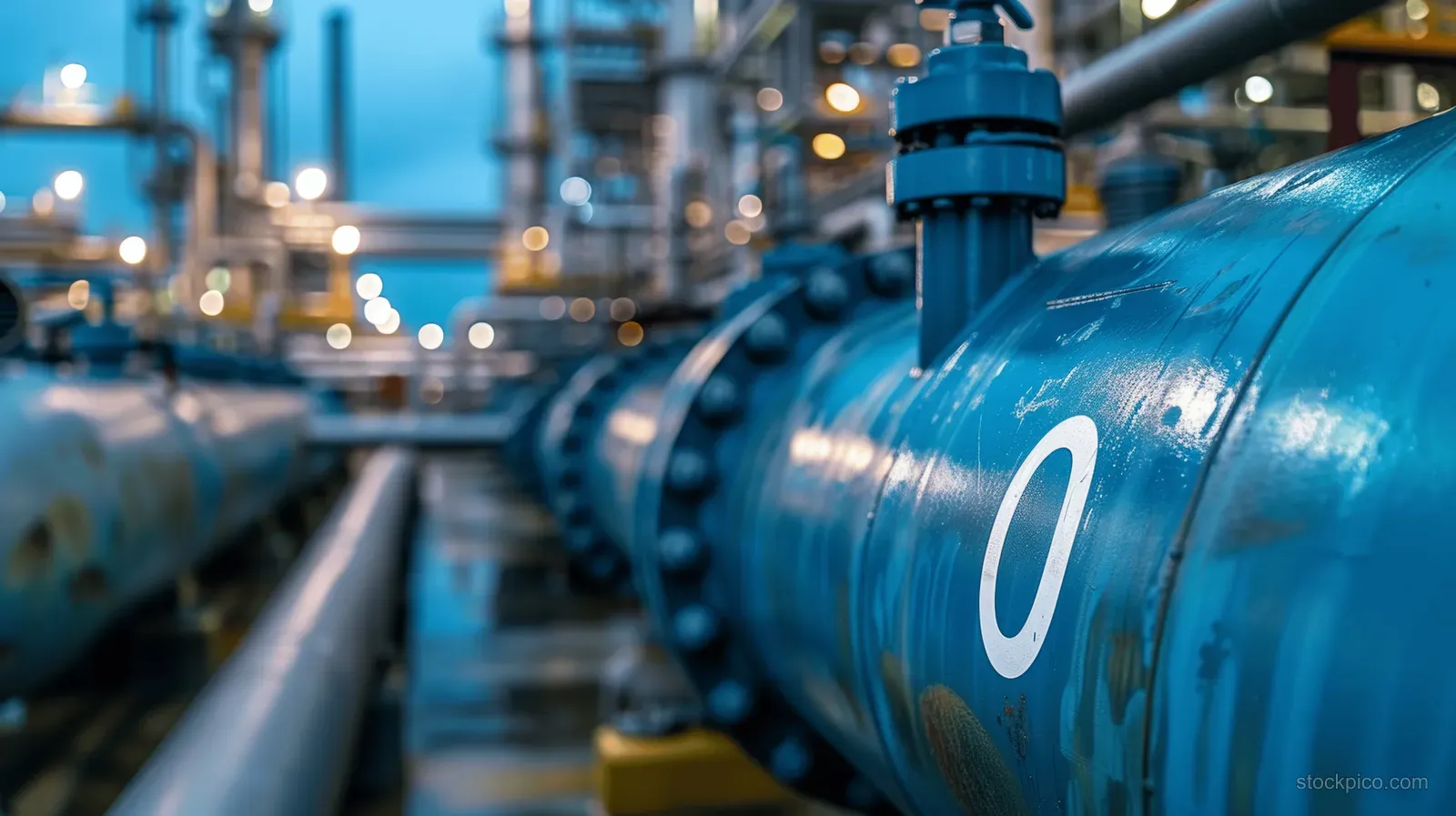 Blue pipe section with valves and pressure gauges runs through an industrial oil plant interior.