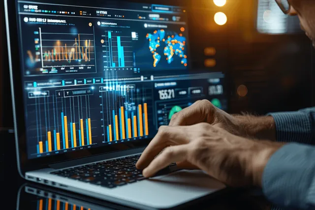 Hands on a laptop keyboard display a sales analytics dashboard with multiple charts and KPI panels.