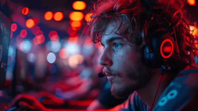 An esports gamer wearing a headset sits at a glowing arena console with neon crowd lights and bokeh behind.