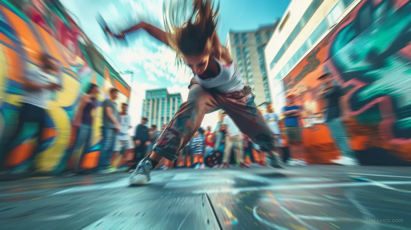 Female breakdancer mid-flip on a city street with graffiti walls and motion-blurred audience in the background.