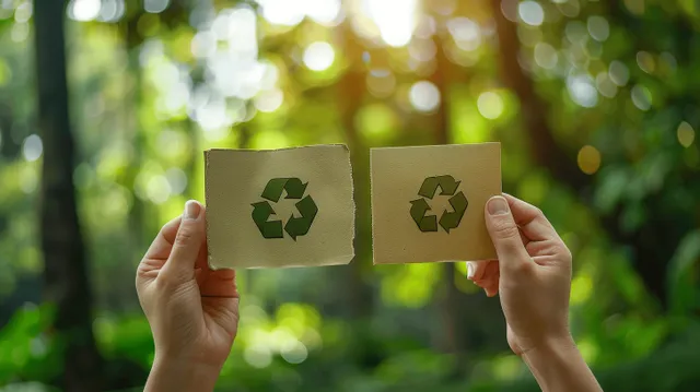 Hands hold a recycled paper card showing a 5R recycling symbol in a green outdoor scene.