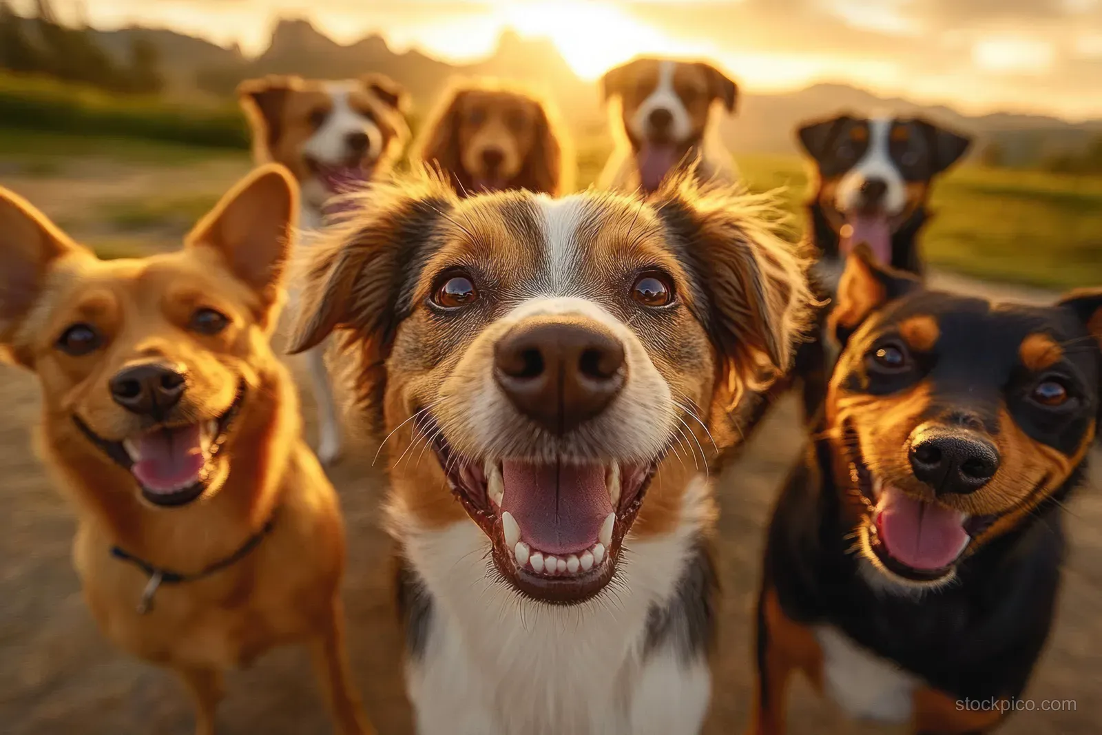 A group of mixed-breed dogs smiles at the camera in warm golden-hour sunset light outdoors.