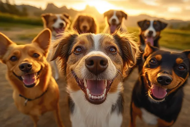 A group of mixed-breed dogs smiles at the camera in warm golden-hour sunset light outdoors.