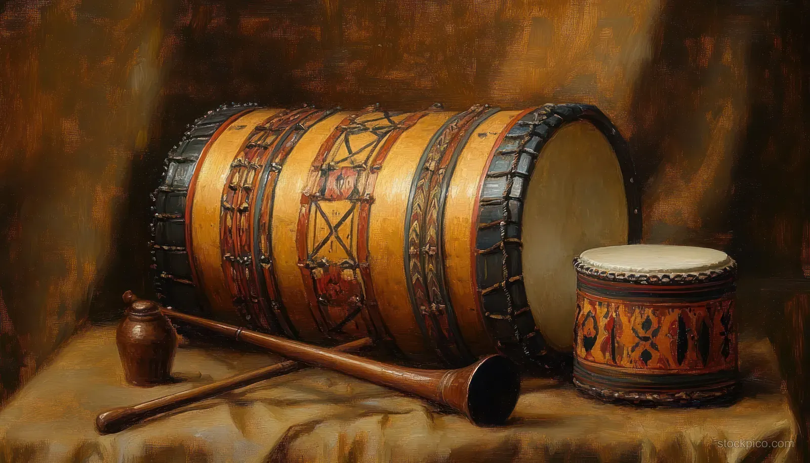 Two traditional drums and a wooden wind instrument arranged on draped cloth with warm soft lighting.