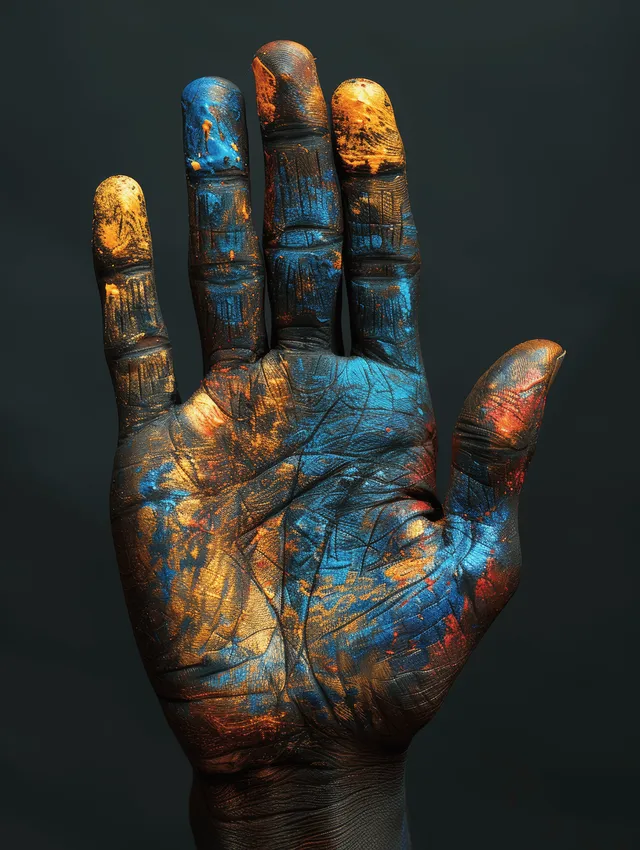 A close-up painted hand with blue and orange splashes against a dark background.