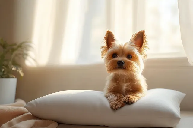 Small fluffy Yorkshire terrier lying on a white pillow by a bright window with sheer curtains and a green plant.