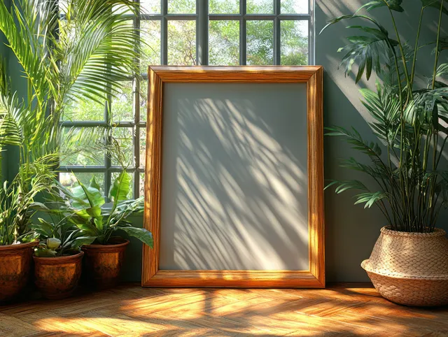 Blank wooden picture frame on a wooden floor beside multiple potted plants in sunlit minimalist room.