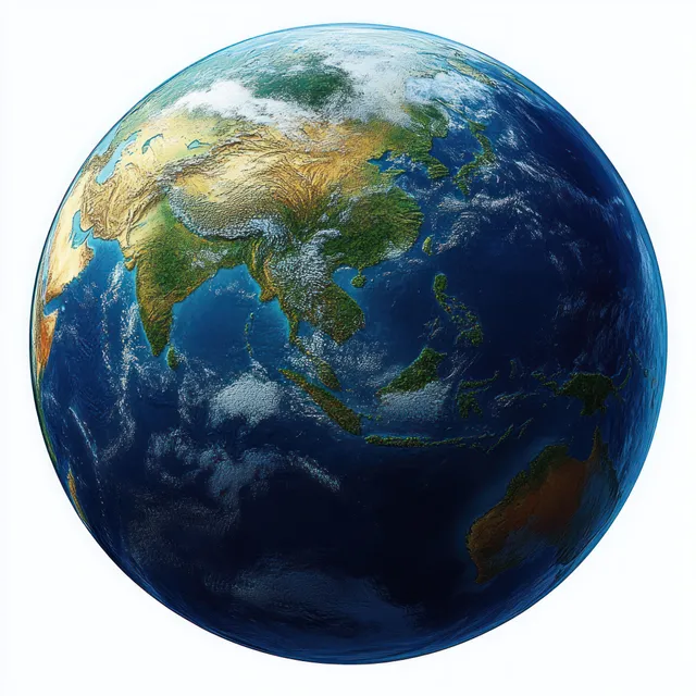 3D Earth globe on a white background with oceans and Asia visible.