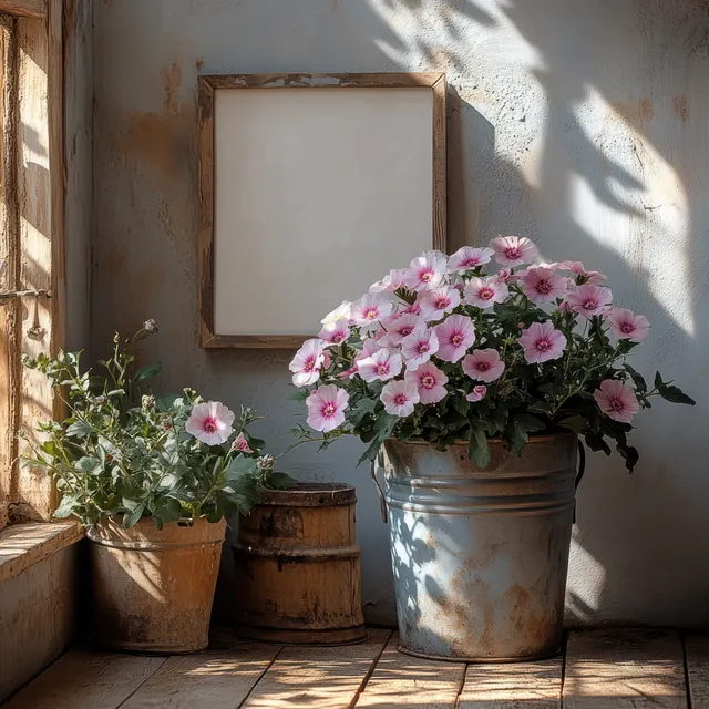 Minimalist room corner with flower pots and soft daylight on textured walls
