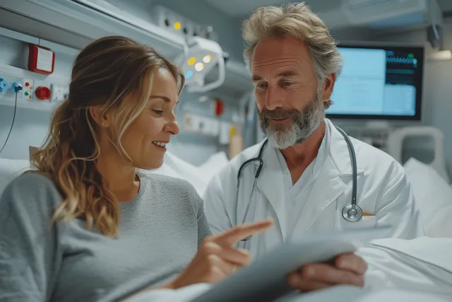 Doctor in hospital room reviews obesity-related health risks with patient