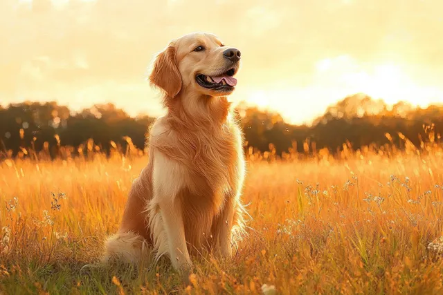A golden retriever sits in tall grass at sunset, smiling with its tongue out under warm golden sunlight.