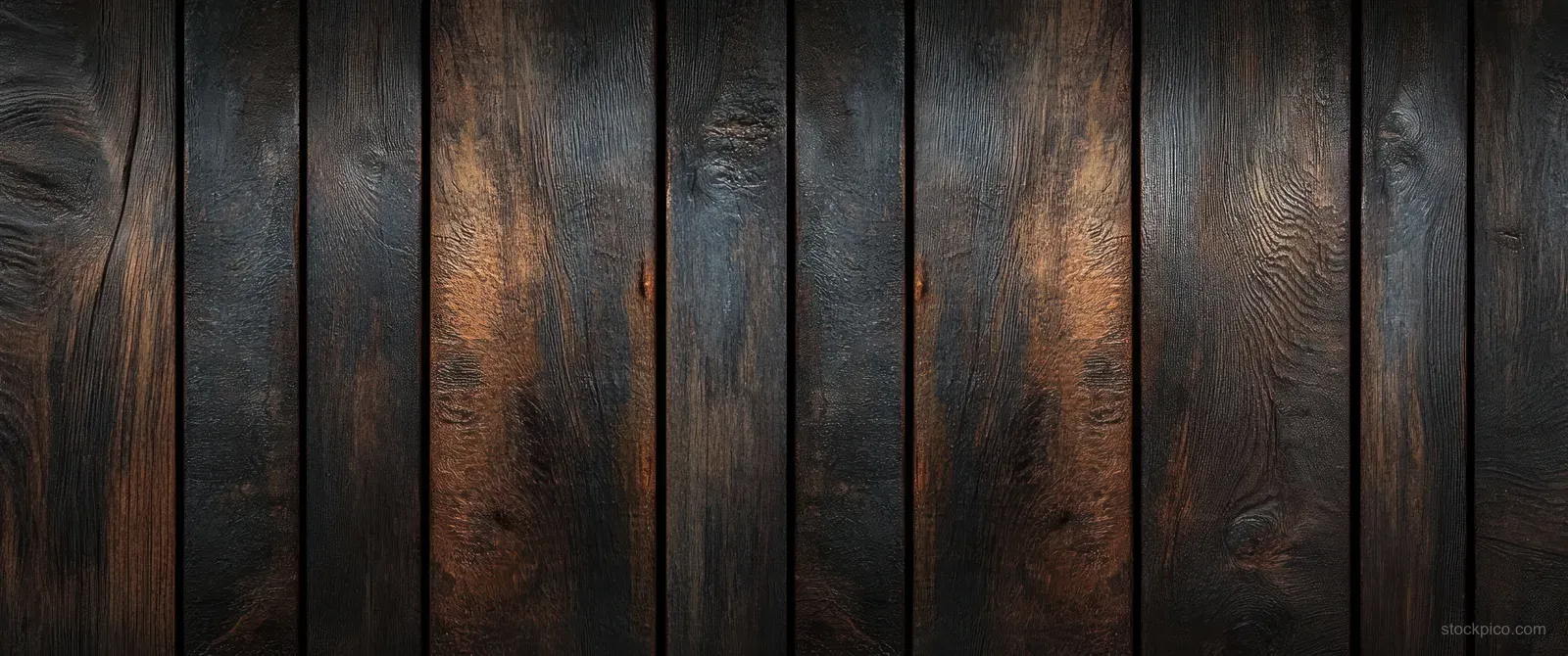 Dark wooden planks with natural grain and warm lighting form a vertical panel texture background.
