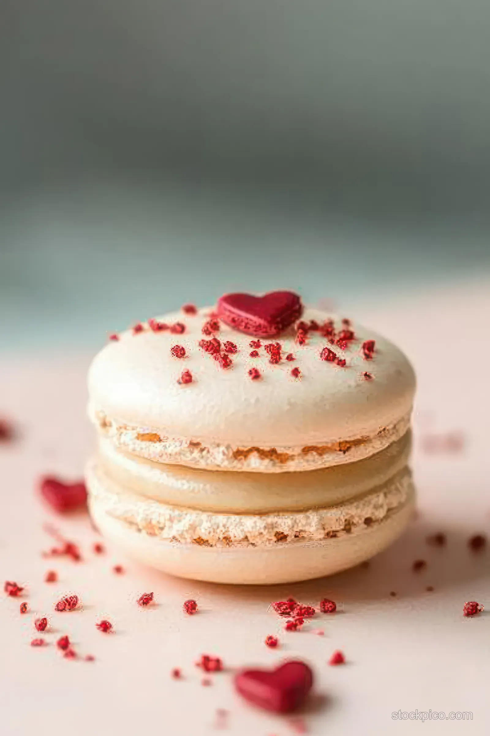 Beige macaron on a pink surface with red heart shaped topping and sprinkles.