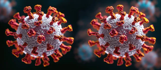 3D coronavirus particles with glowing spike proteins against dramatic dark backlight