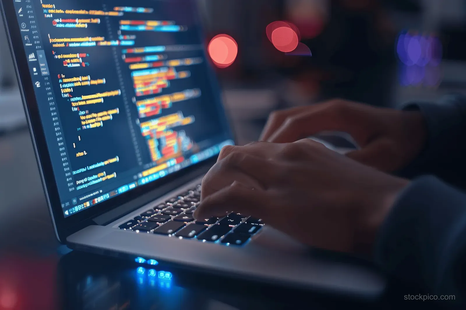 A programmer types on a laptop with code visible, working on responsive web and mobile app development.