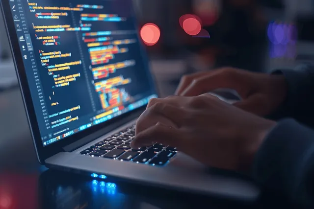 A programmer types on a laptop with code visible, working on responsive web and mobile app development.