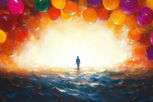 A lone silhouette walks on churning ocean water toward a glowing light surrounded by colorful floating orbs.