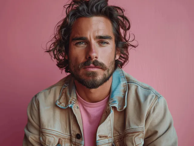 Young man with long curly hair wearing a pink t-shirt and light beige jacket against a pink studio background.