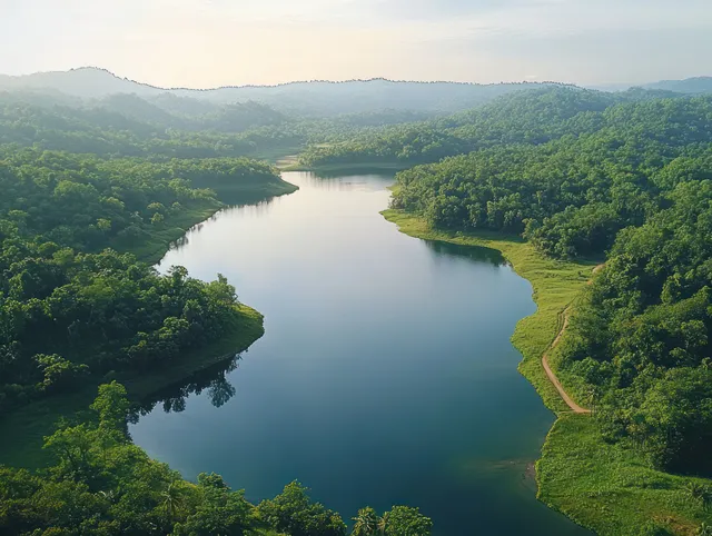 Aerial Panorama of Serene Lake and Lush Hills in Indonesia