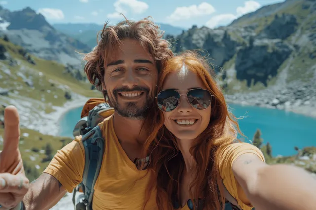 A young couple takes a selfie while hiking, with turquoise lake and green mountains in the background.