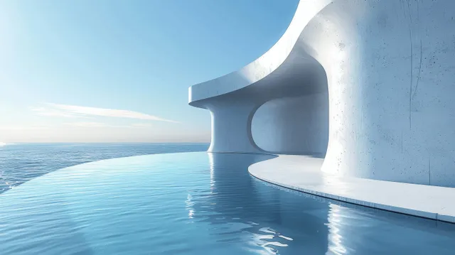 A curved concrete wall extends over calm water, reflecting light beneath a clear blue sky.