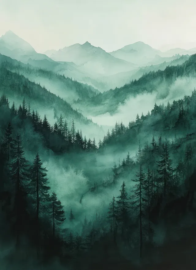 Misty green watercolor mountains with layered forest silhouettes and soft light diffusion