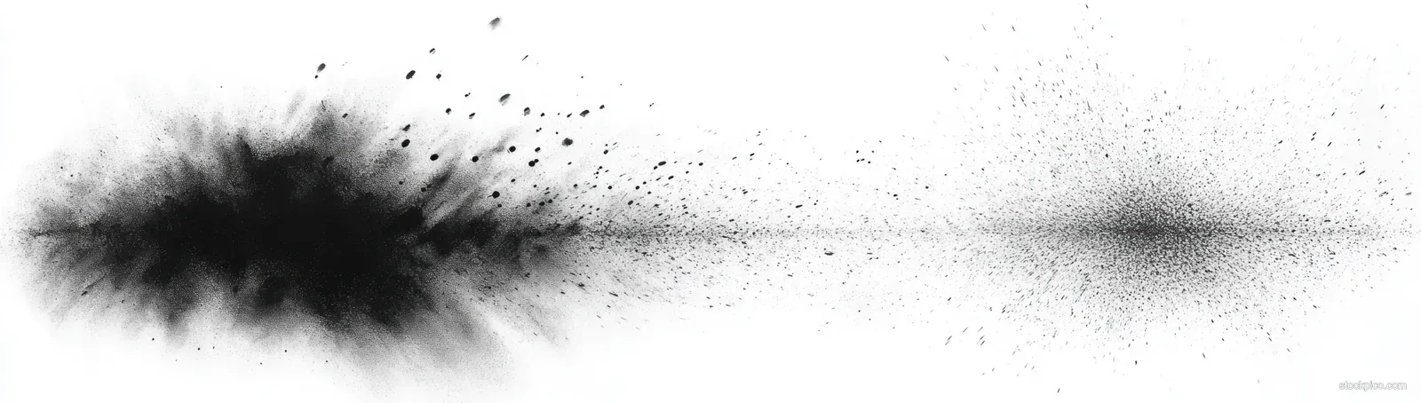 Black powder explosion spreads horizontally from a dense central cloud, scattering fine dust particles on a white background.